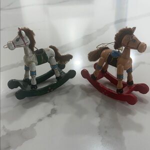 Vintage Wooden Rocking Horse Ornaments Pair Folk Art Christmas Decor